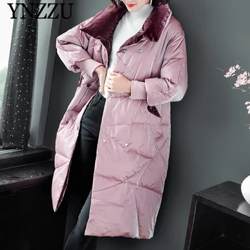 

2019 Winter Women Long Down jacket Loose Turn down collar Fashion Female Outwear Double breasted Patchwork Coat YNZZU 9O107 Chic