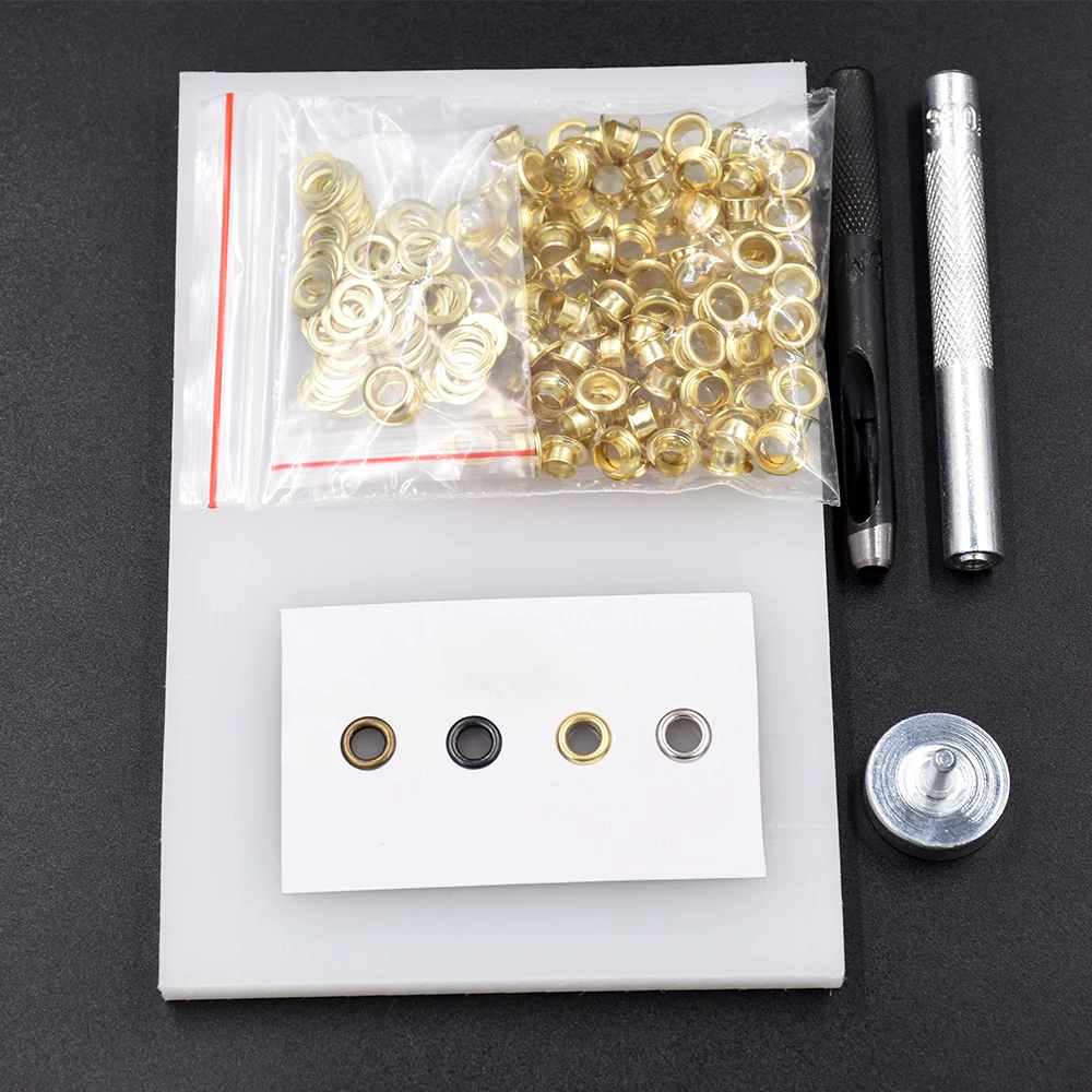 

Inner Diameter 5mm 100sets Gold/Silver/Black Metal Eyelets Rivet Gromets,Manual Knocking & Punching Eyelets install Tools Kit with Table Pad. Clothing Bags Shoes DIY Craft