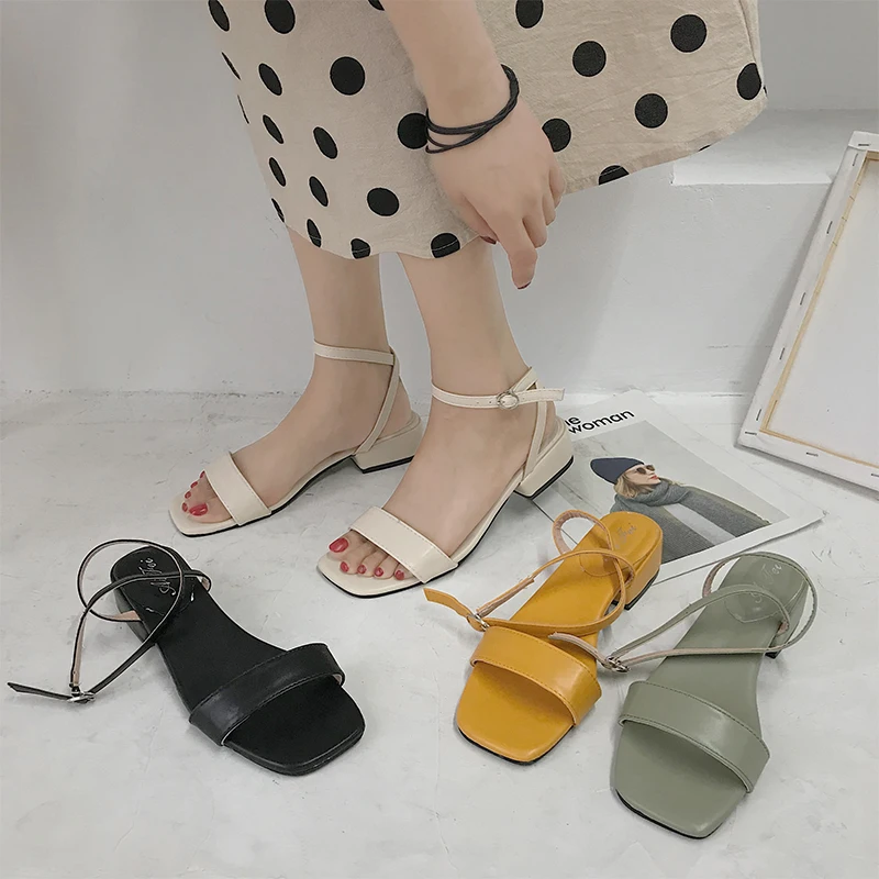 

Yellow Sandals Women Shoes 2020 New Open Toe Gladiator Yellow Green Sandals Narrow Band Mid Heels Roman Sandels for Women