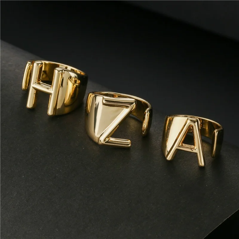 Gold Color Ring Finger Ring Adjustable Rings A-Z Letter Metal Adjustable Opening Ring Initials Name Alphabet Female Party Chunky Wide Trendy Jewelry