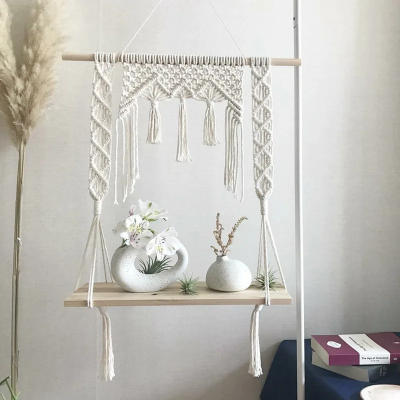 Boho Macrame стойка подвесная полка органайзер для дома гостиной держатель для цветочного горшка нордический Декор деревянные стеллажи для хранения полки для стены