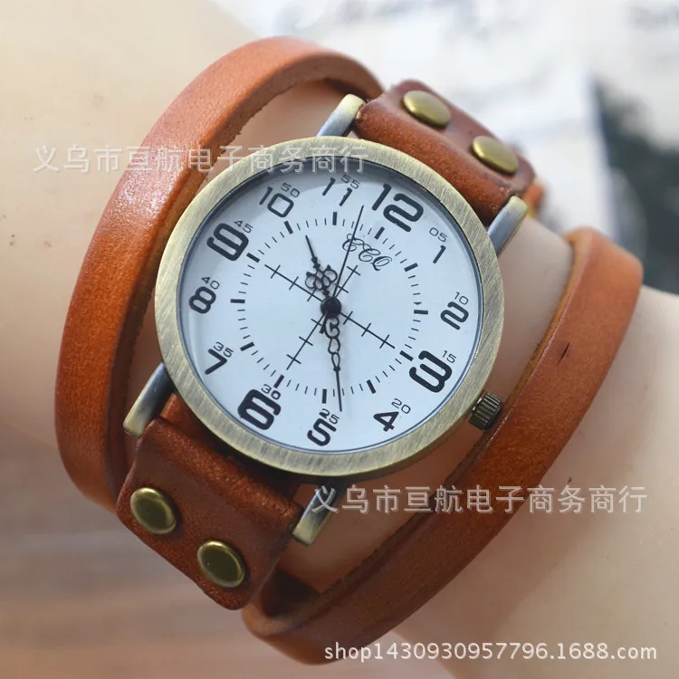 

Hot Selling around Two Laps Cow Leather Watch Strap Men Watch Retro Copper Shell with Numbers Measuring Quartz Watch