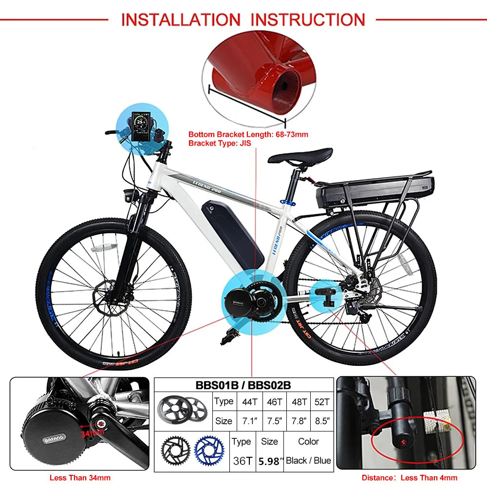 BAFANG 1000W 750W 500W Mid Drive Kit with Battery 52V 48V Ebike Middle  Drive Motor HD BBS02B DIY Electric Bicycle Conversion Engine 68MM 100MM  120MM