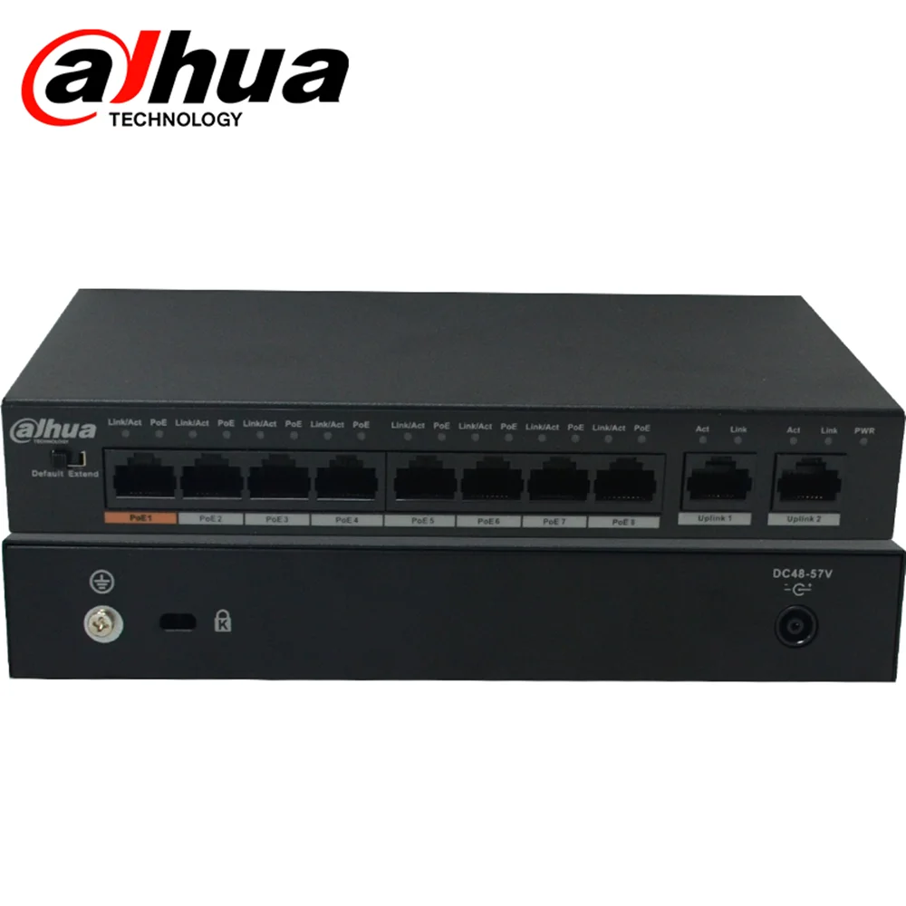 PoE Injector Patch Panel Dahua DH-S3000C-8GT2GT-DPWR 8 Gigabit PoE Switch 2 up-link ports max 250m Power Transit Distance Support IEEE802.3af and IEEE803