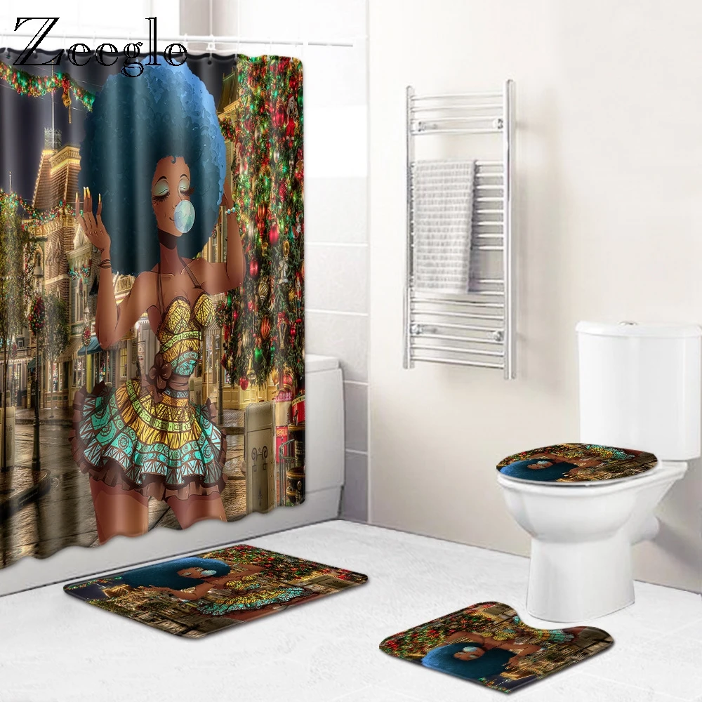 Zeegle 4pcs Bath Mat Set Waterproof Shower Curtain Anti-slip Toilet Cover Seat Mat Soft Toilet Pedestal Rug Bathroom Doormat