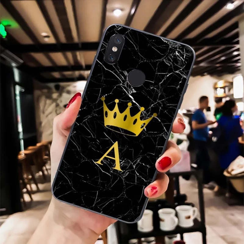 Custom name Letter Monogram Black Marble Gold crown 