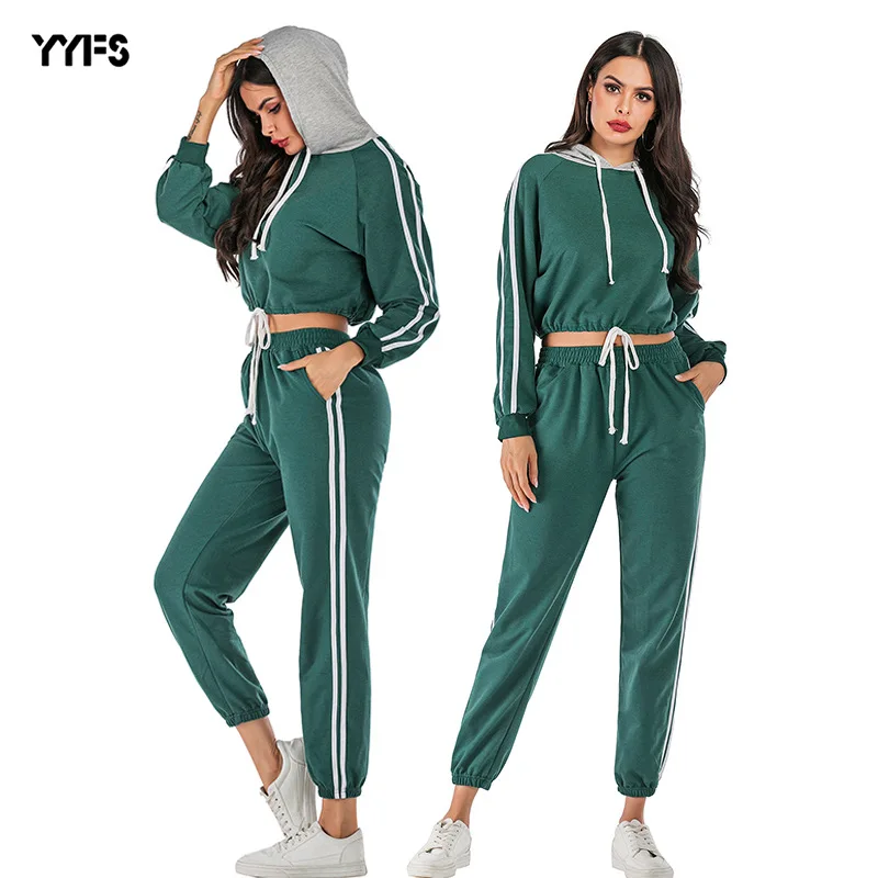 

2019 Fashion Side Stripe Tracksuit Women Autumn Winter Clothes Cotton Long Sleeve Hoodies+Long Pant Two Piece Set S-XL women set