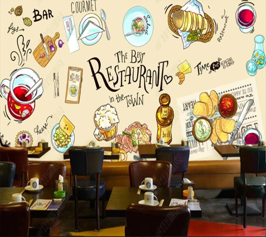 

Обои 3D с мультяшными рисунками еды в западном стиле, обои для ресторана, кухни, фоновые украшения для стен в торговых центрах