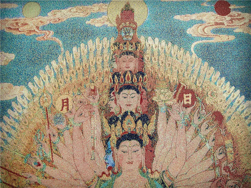 China Tibetan Silk Inwrought Thangka Tangka Mural Thousand Hand Guan Yin Kwan-yin Buddha Statue