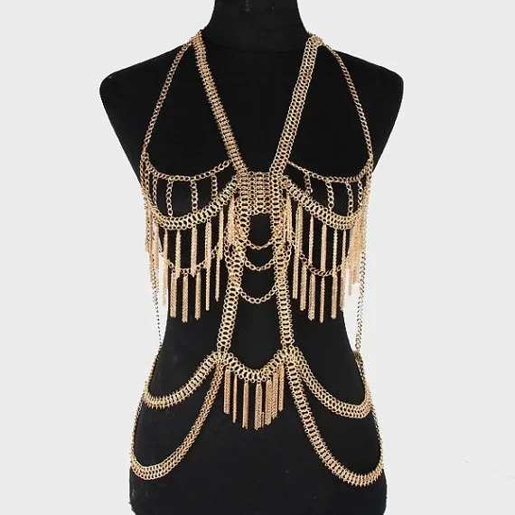 

Stage show party girl body chains costume women Body ketting fashion gold multilayer tassel bikini ketting necklace jewelry