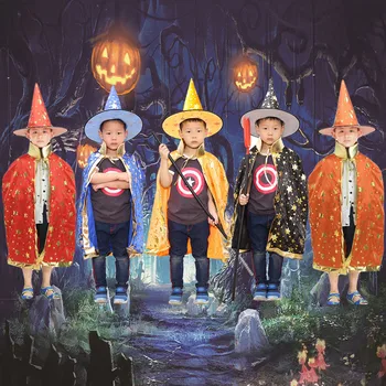 

Besegad 90cm Kid Star Partern Witch Wizard Collar Cloak with Witch Hat Wizard Cap Halloween Costumes Role Play Dress-up Supplie