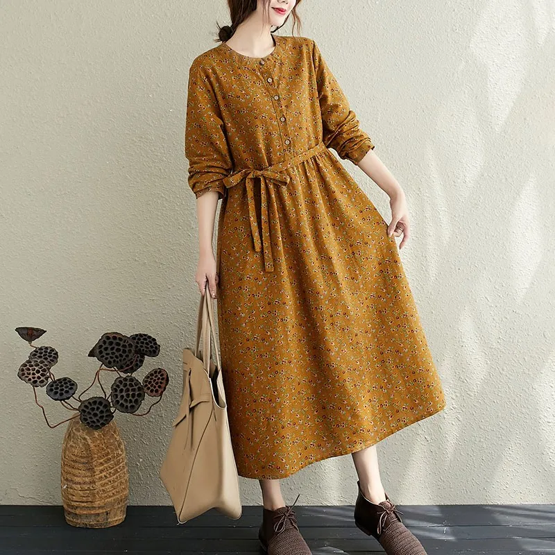 Mejor precio Vestido largo femenino de lino y algodón para otoño, traje holgado Estilo Vintage con estampado Floral para mujer, S1857, 2020 oo3KMVZrR6X