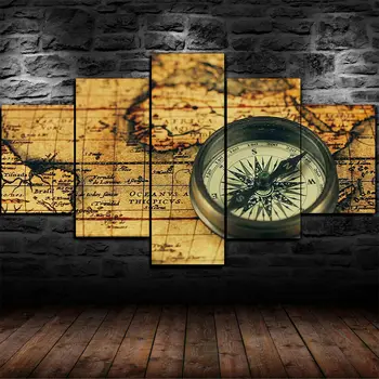 

Wall Art Home Decoration 5 Panel Framed Old Vintage Compass on Ancient Map 5 Piece Canvas Print Wall Art Decor