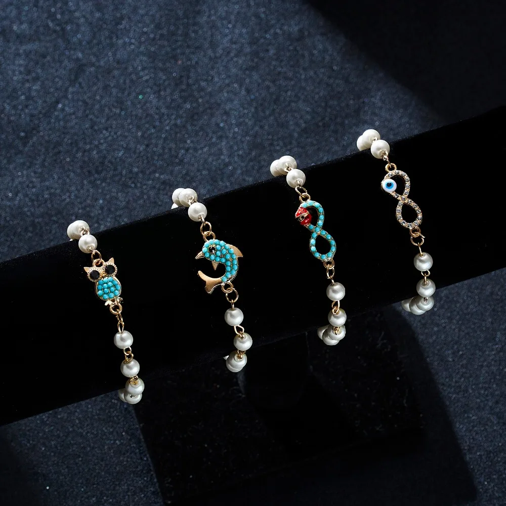 Rinhoo модный браслет Имитация жемчужное звено цепочка браслеты с подвесками бесконечные 8 Сова дельфин синие бисерные браслеты для женщин ювелирные изделия