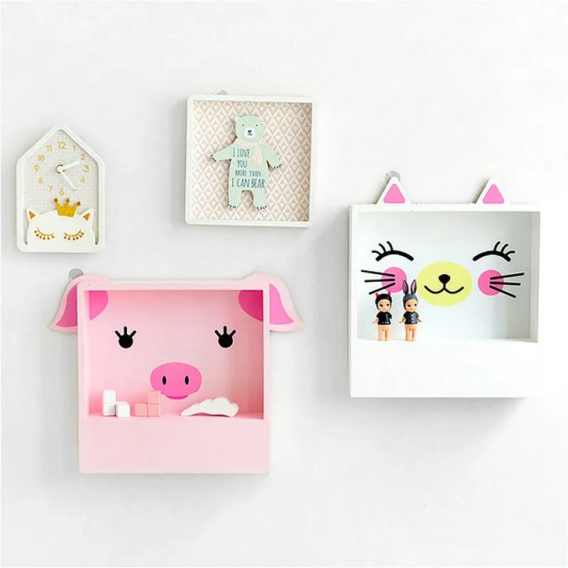 Nordic Wooden Storage Rack Wall Hanging Shelf for Kid's Room Cute Box Baby Display Stand Holder Home Decoration | Дом и сад