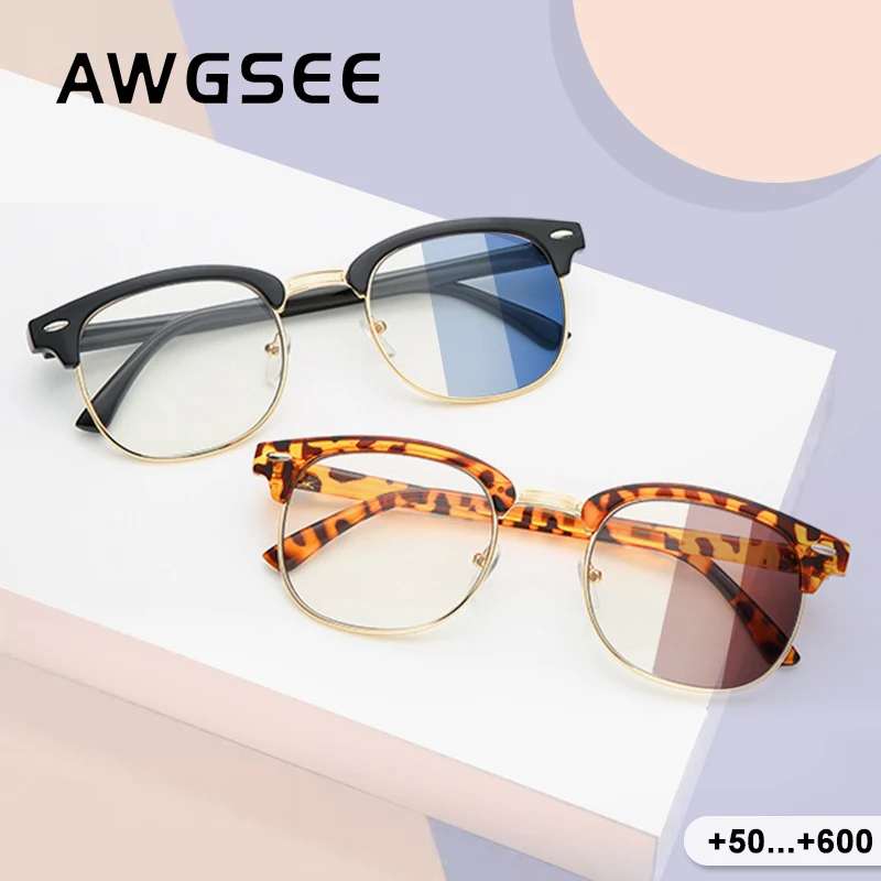 

AWGSEE Newest Design Anti Blue Light Computer Glasses Women Men Retro Semi-Rimless Frame Photochromic Sunglasses UV Protection