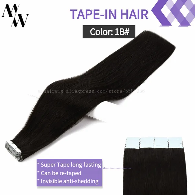 MW Double Drawn Remy Tape In Human Hair Extensions 100% Real Skin Weft Adhesive Glue On Seamless Natural Hair 16/20/24 Inches #1B