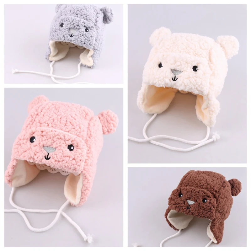 Baby winter Hat Cute Bear Baby Earmuffs Hats Winter Velvet Warm Infant Caps Cartoon Soft Beanie Cap for Baby Boys Girls 1-3Y