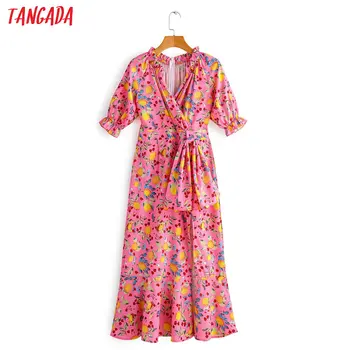 

Tangada women ruffles elegant dress fruit printed zipper bow decorate half sleeve 2020 fashion casual dresses vestido 1F51
