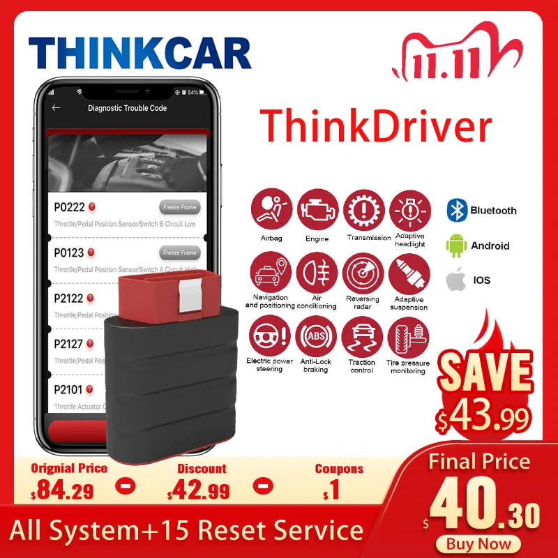 ￡39.66 Thinkcar Thinkdriver Obd2 Automotive Scanner Bluetooth Full System 15 Reset
