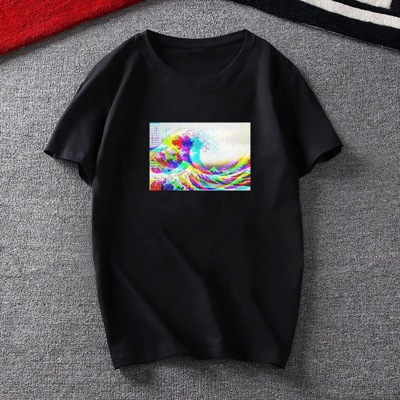 The Great Wave off Glitch Print T Shirt Men Hip hop Color Fashion Male Tops Japanese Men's t-shirt Harajuku Vaporwave Retro Tee | Мужская