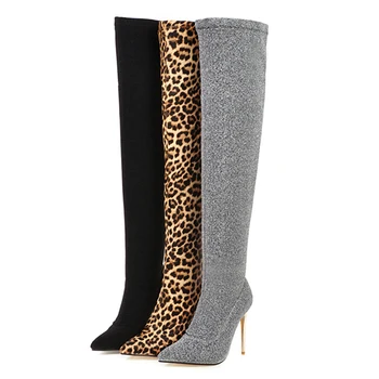 

2020 Women Over The Knee Sock Boots 10cm High Heels Long Winter Stretch Leopard Snow Boots Lady Thigh Stripper Fetish Shoes