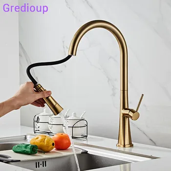 

Kitchen Tap Pull Out Gold Kitchen Faucet Mixer Hot Cold Water Tap Faucet Modern Brass Deck Mount Single Hole Sink Faucets Cusine