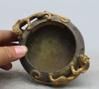

WBY voge gem S0013 4" Marked Chinese Feng Shui Bronze Gilt Animal Dragon Beast PiXiu ashtray Statue D0317