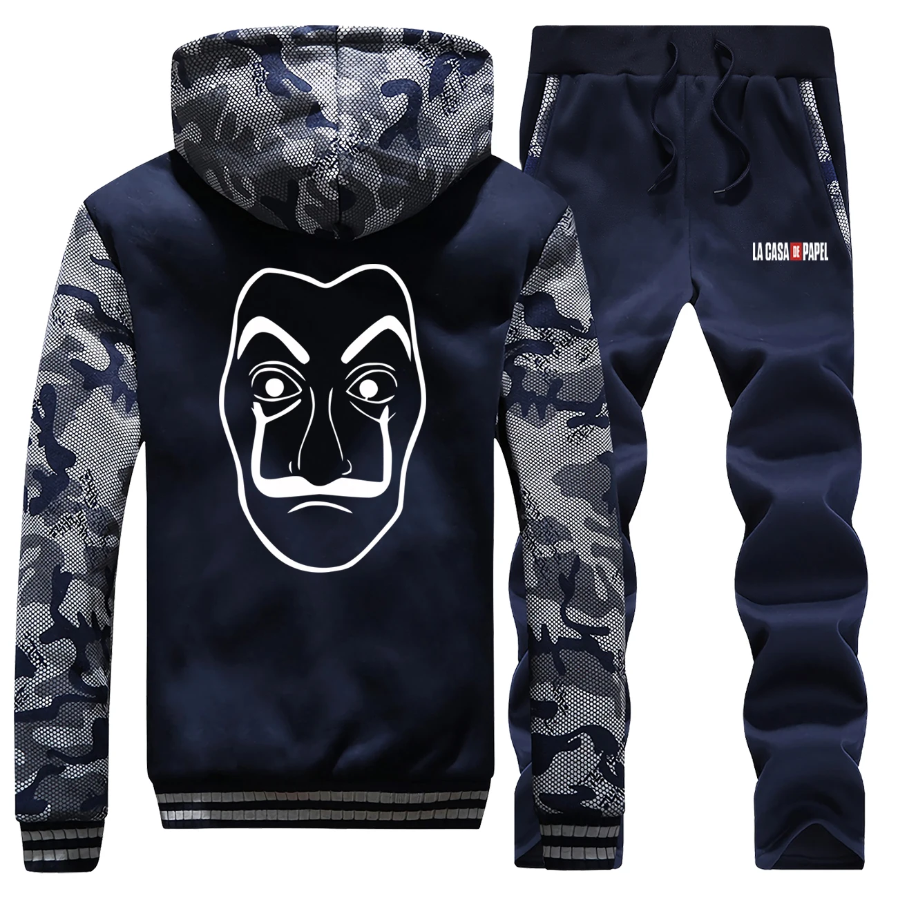 Winter Hooded Raglan Mens Camouflage La Casa De Papel Sweatshirts Vintage Printed Suit Hoodie Coat Thick+Pants 2 Piece Set