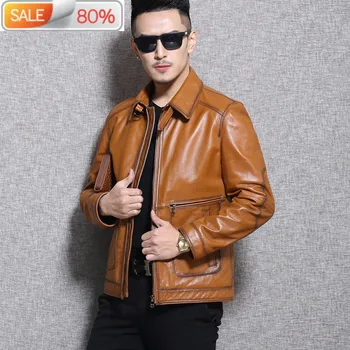 

AYUSNUE Genuine Cow Leather Jacket Men Motorcycle Autumn Cowhide Coat Brown Slim High Quality Men's Jackets L16C3106 B22244
