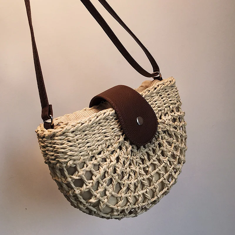 Bolsas de Ombro Casual Meia Rattan Mulheres Vime Tecido Senhora Crossbody Bolsa Verão Praia Palha Bolsas Pequena Viagem 2020 Lua