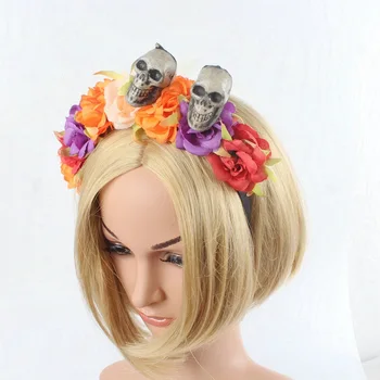 

Handmade Double Layers Fabric Flower Skull Wide Hairbands All Saints' Day Costume Makeup Party Women Big Flower Skulls Headdress