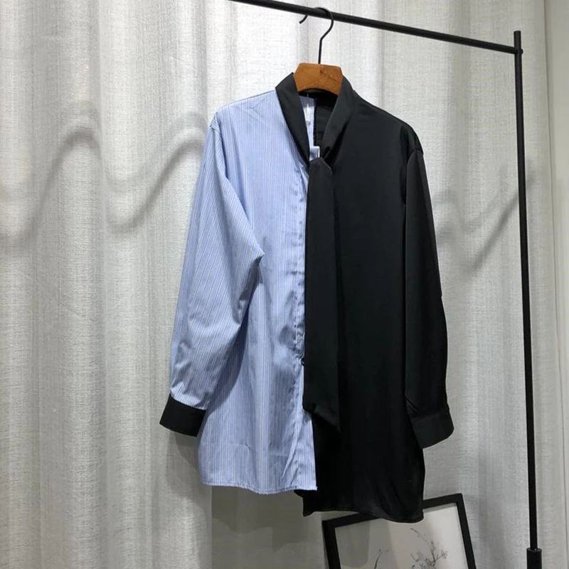 

Autumn Irregular Loose Striped Blouse Office Lady Blouses Blue and Black Color Matching Tops Korean Fashion Womens Clothing