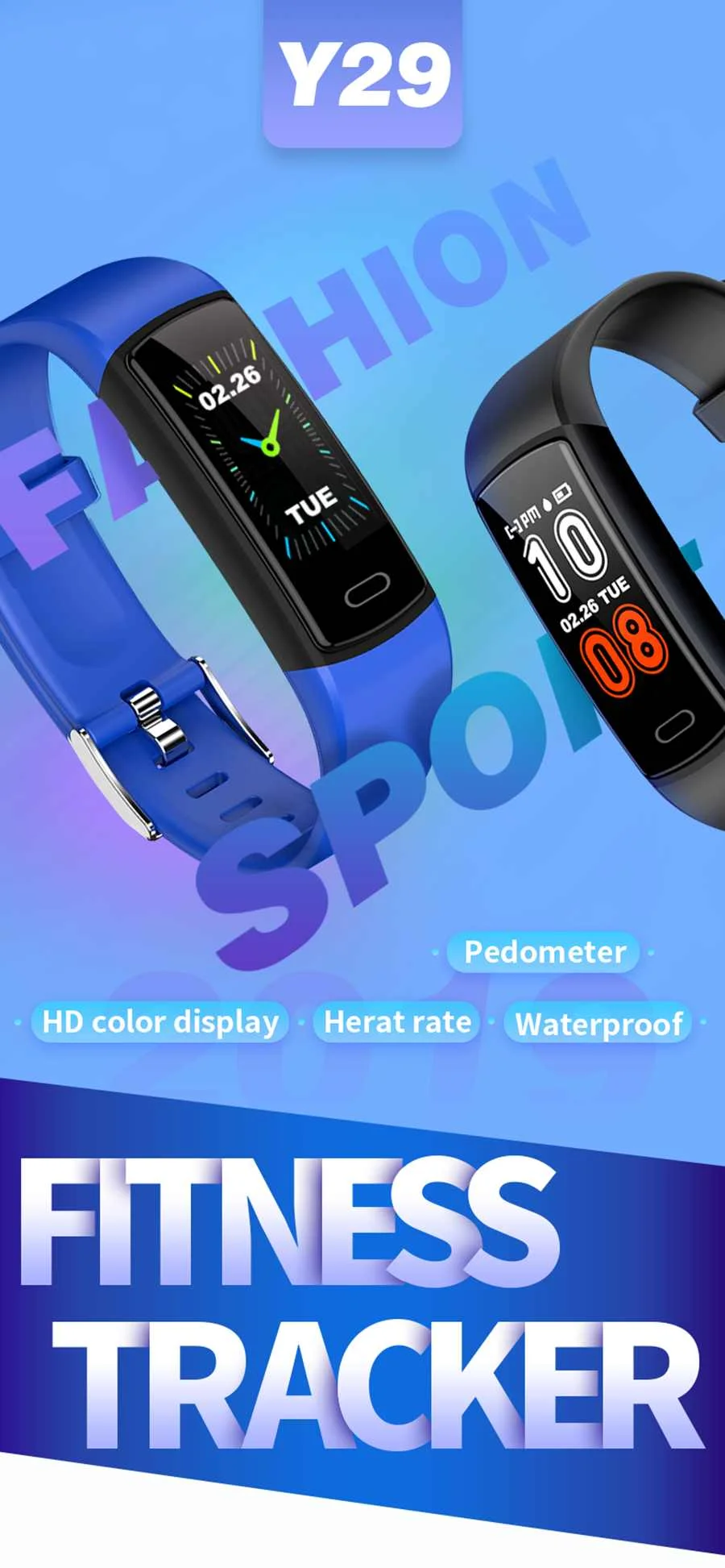 Bakeey Y29 Спорт Фитнес HD цветной дисплей IP68 в режиме реального времени пульсометр трекер движения USB Прямая зарядка Смарт часы ремешок