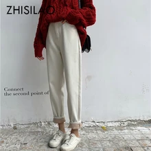 Винтаж белые джинсы Для женщин зимние теплые широкие брюки прямые джинсы мама бойфренд, с высокой талией джинсовые штаны в ретро-стиле