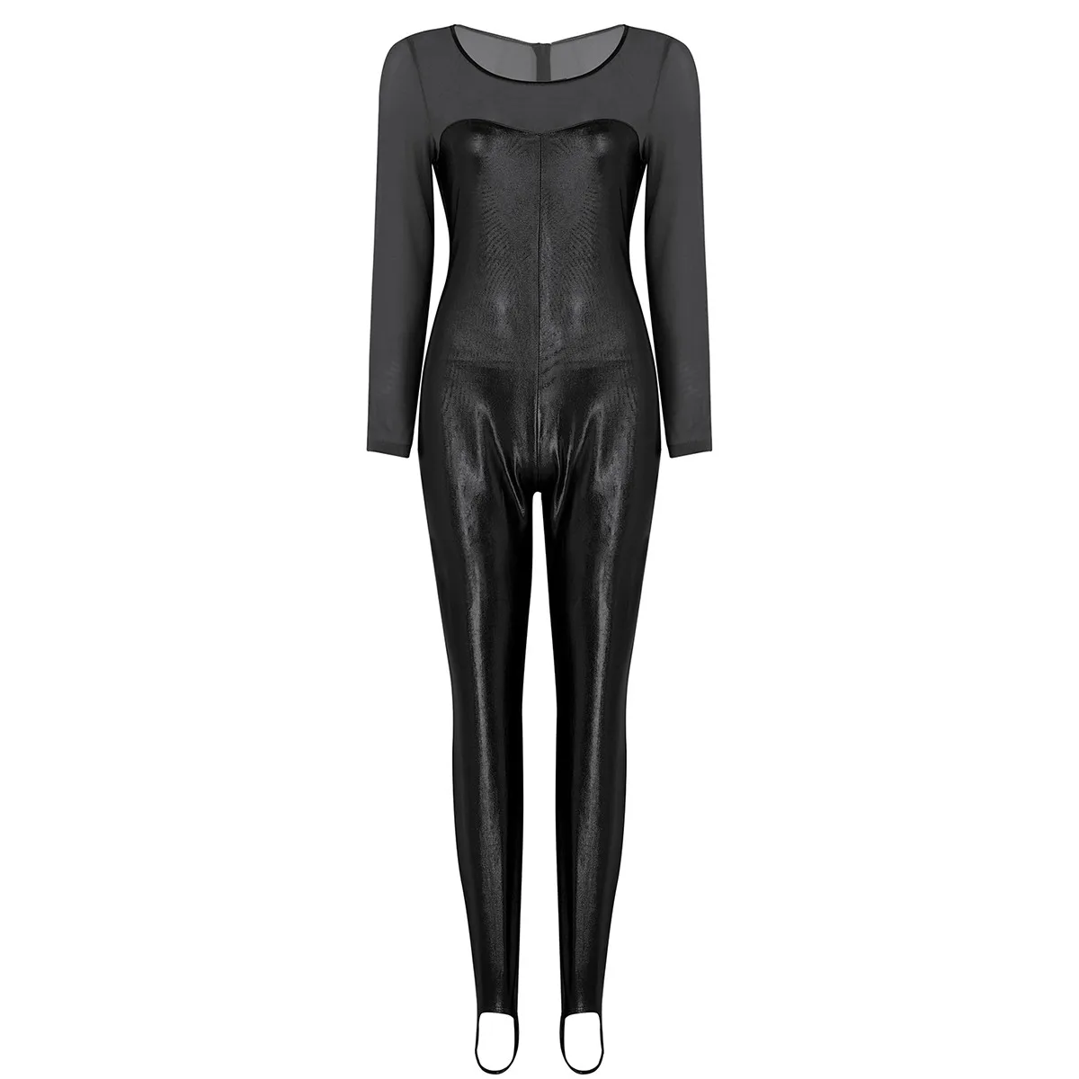 Black Women Shiny Metallic Scoop Neck Long Sleeve Ballet Dance Gymnastics Leotard Modern Catsuit Leotard Bodysuit Dance Costumes - Цвет: Black