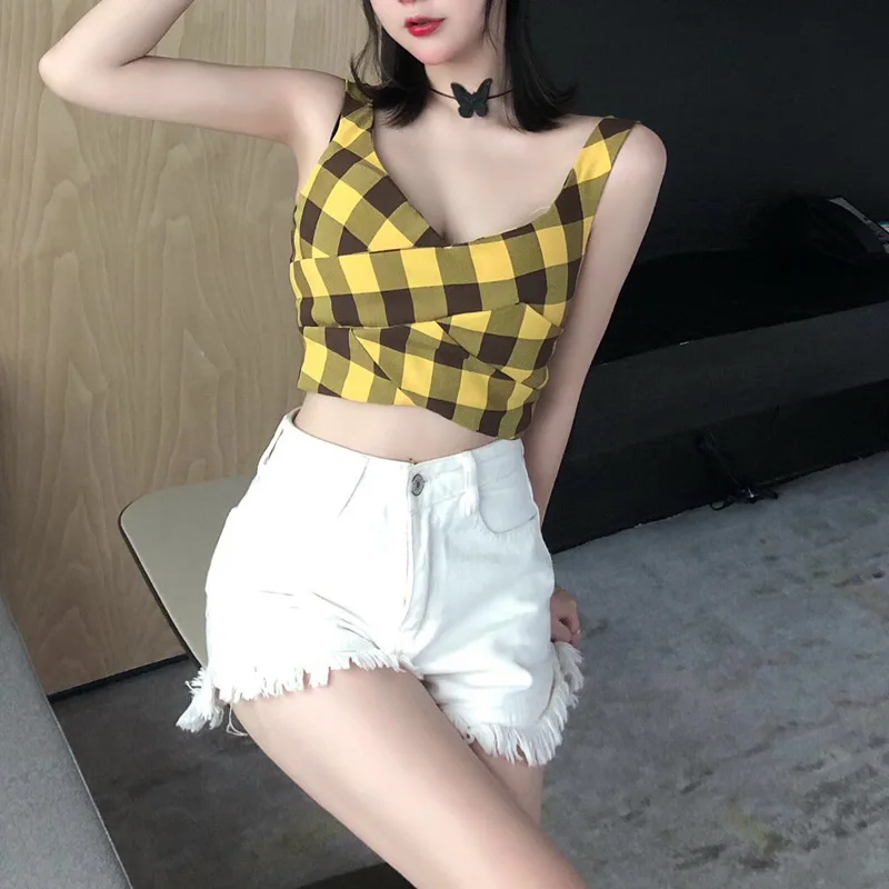 

fashion brand casual plaid crop tops Korean style spaghetti strap summer new Women Clothing high quality Tanks Camis modis tees