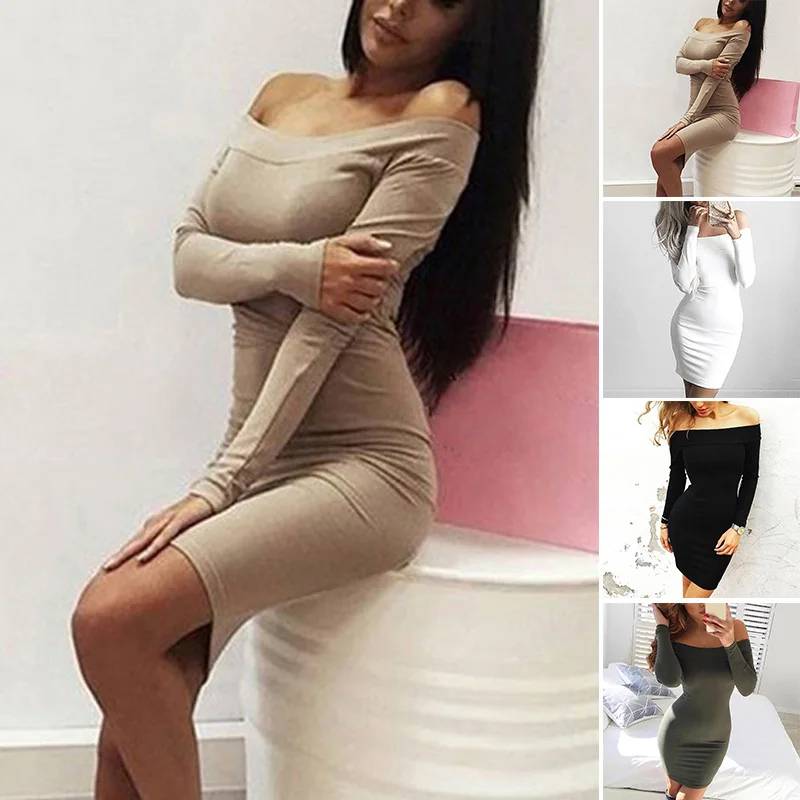 New Ladies Dress Formal Solid Fashion Prom Boat Neck Long Sleeve Casual Clubwear Bodycon Evening Women Dress