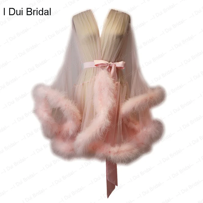 blush pink Короткий халат с перьями, свадебное платье, пышный халат, тюль, иллюзия, день рождения, перьевое платье, костюм - Цвет: blush pink