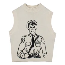 PERHAPS U women vest sweater crew neck knitted pullovers sleeveless green white winter police print M0130