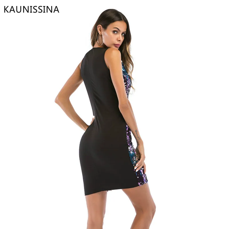 KAUNISSINA Women Cocktail Dress Fashion Homecoming Dresses Sleeveless Dress Sequins Stitching Sexy Bodycon Mini Dress Party Prom