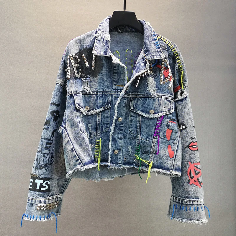 Manual Rivet Beaded Line Tassel Letter Graffiti Print Women Denim Jacket Spring Autumn 2023 Casual Hole Denim Jacket Veste Femme 90cm manual hand roll twill silk graffiti scarf women heart curled square scarves echarpes foulards femme wrap bandana hijab