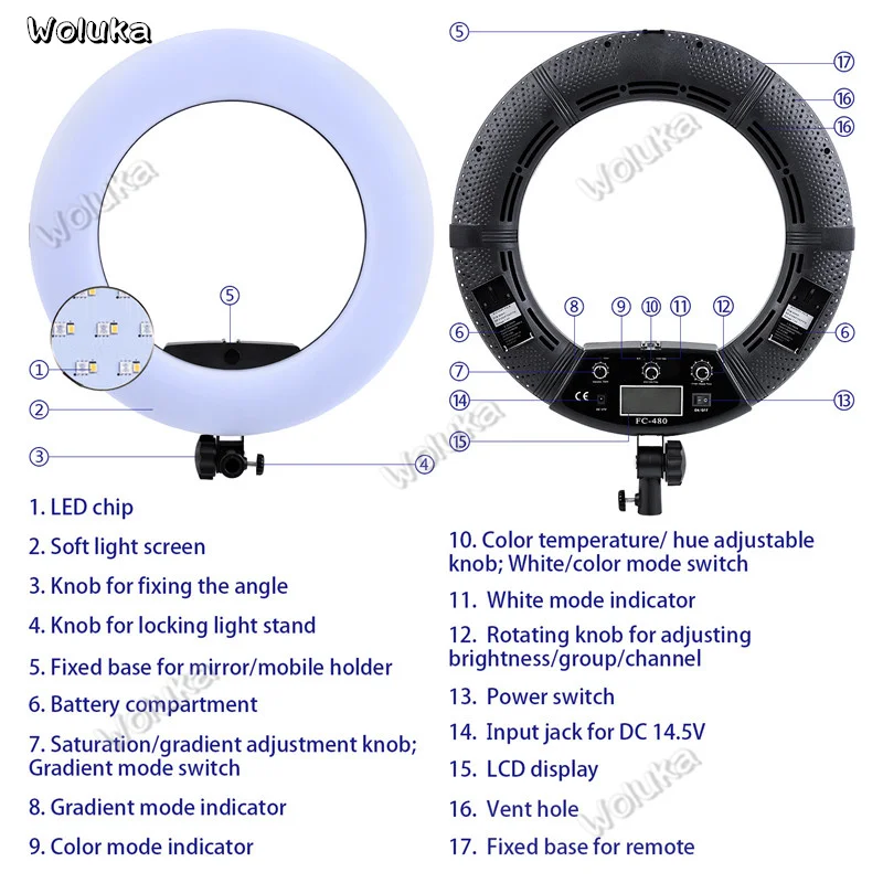 FC-480 красочные 480 светодиодное фотографическое светильник ing с регулируемой яркостью 2800-10000k 96W Камера PhoneStudio кольцевой светильник настенное зеркало лампы CD50 T03 ZZ1