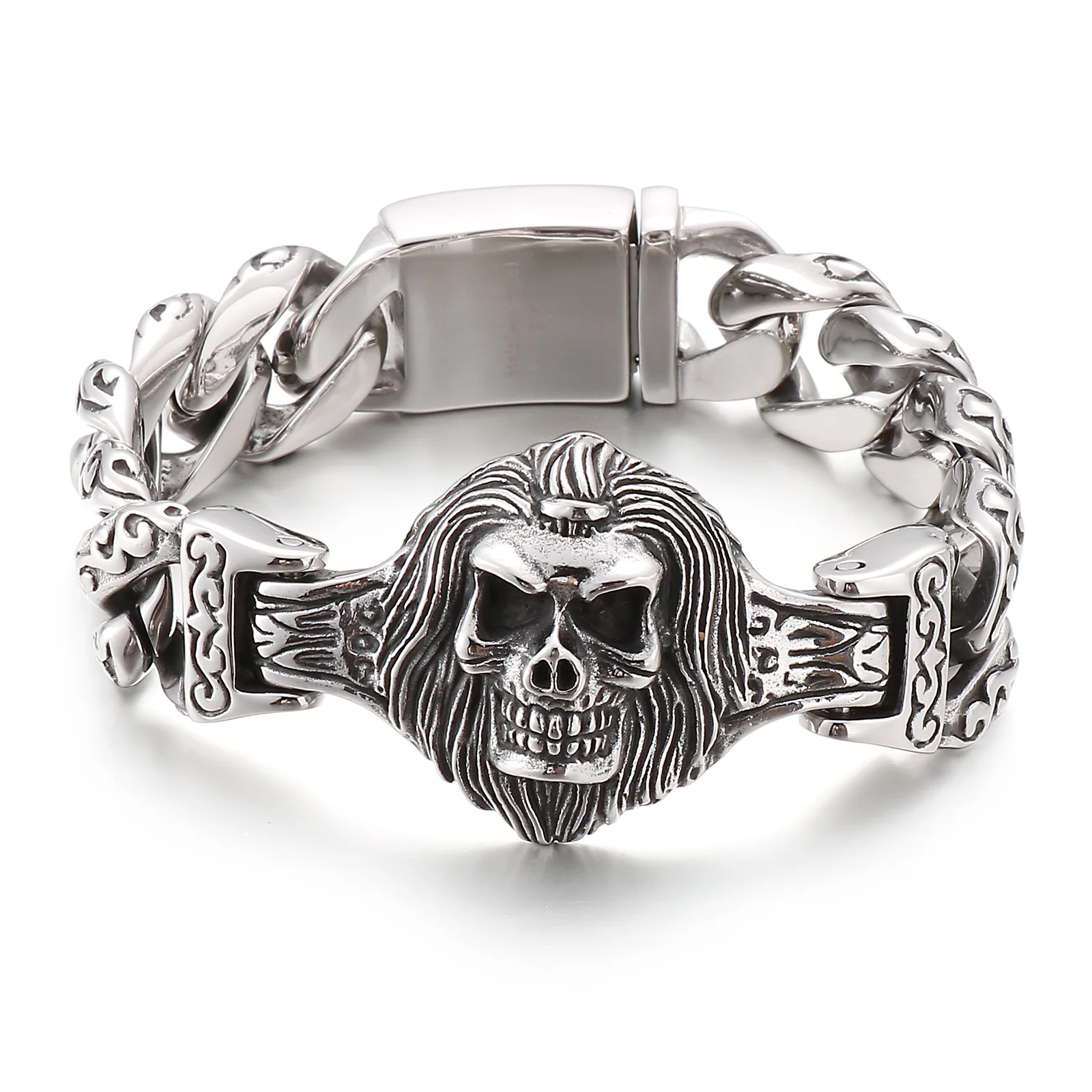 

Stainless Steel Long Hair Ghost Head With Cool Cuban Chain Bracelet Men