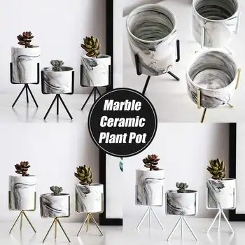 

2pcs Nordic Ceramic Marble Vase Flower Pots With Iron Wire Display Rack Metal Landscape Shelf Flower Plant Pot Stand Decoration