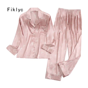 

Fiklyc underwear female sleep clothing soft women's satin pajamas sets with printed cute & lovely femme pijamas sets NEW