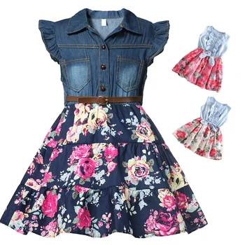 Girls Denim Floral Dress Summer Party Dress with Belt Children Flying Short Sleeve Casual Clothing Baby Girl Kids Fashion Outfi 1