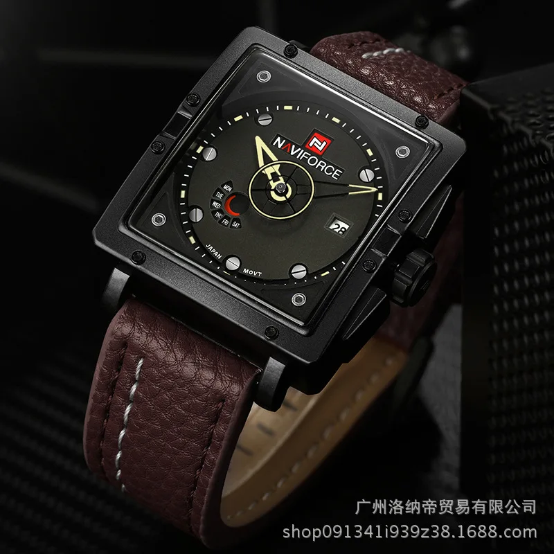 

Xiang naviforce Unique Square Dial Design Calendar Waterproof Leather Watch Strap MEN'S Watch 9065