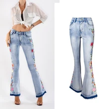 Модная Джинсовая куртка с вышивкой Женские джинсы клёш эластичность Одежда для девочек с брюками-клеш, джинсы для мальчиков и девочек, тянущиеся штаны женские джинсы больших Размеры