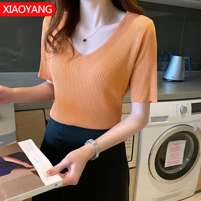 

2020 New Summer Women Korean Loose V Neck Knitted T-shirt Tops Female Short Sleeve Solid Color Casual Tee Shirts XXZ78